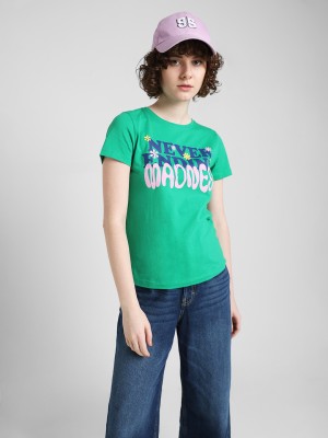 ONLY Printed, Typography Women Round Neck Green T-Shirt