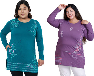 Star Touch Graphic Print Women Round Neck Dark Green, Purple T-Shirt