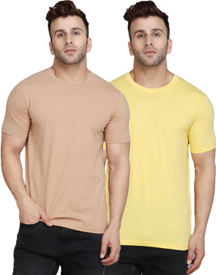 TEEFOX Solid Men Round Neck Beige, Yellow T-Shirt