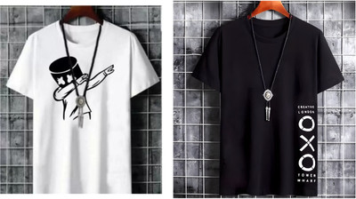 Meetri Printed Men Round Neck White, Black T-Shirt