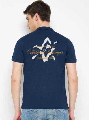 flora shine Printed Men Polo Neck Navy Blue T-Shirt