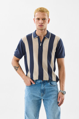 Snitch Striped Men Polo Neck Navy Blue T-Shirt