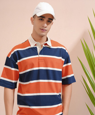 HIGHLANDER Striped Men Polo Neck Blue T-Shirt