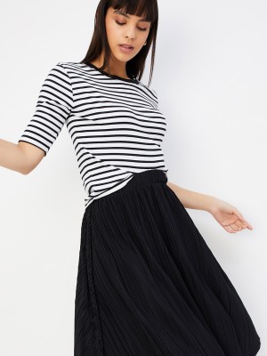 MAX Striped Women Round Neck White T-Shirt