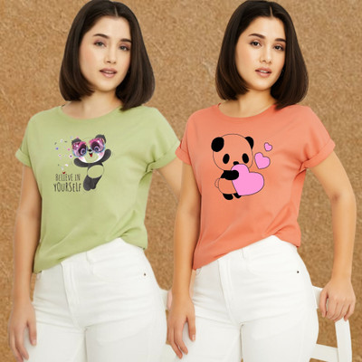 Kasendra Graphic Print Women Round Neck Green, Pink T-Shirt