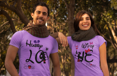 DEE LEAF Printed Couple Round Neck Purple T-Shirt