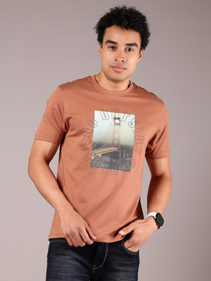 V-MART Printed Men Round Neck Brown T-Shirt