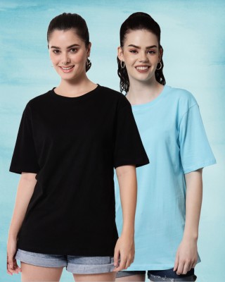 FUNDAY FASHION Solid Women Boat Neck Black, Light Blue T-Shirt