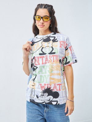 BEWAKOOF Printed, Typography Women Round Neck Multicolor T-Shirt