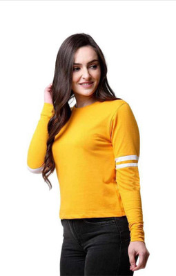 MUFALI Striped Women Round Neck Yellow T-Shirt
