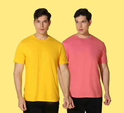 WOOSTRO Solid Men Round Neck Yellow, Pink T-Shirt