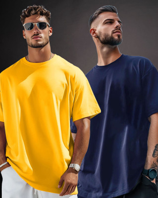 AOOSH Solid Men Round Neck Yellow, Navy Blue T-Shirt