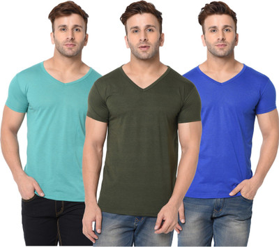 JB Jagoboy Solid Men V Neck Green, Blue T-Shirt