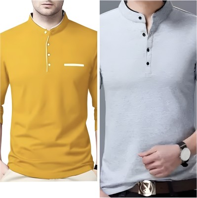 TEE TREE Solid Men Round Neck Yellow, Grey T-Shirt