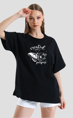HouseOfCommon Printed Women Round Neck Black T-Shirt