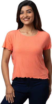 Globus Self Design Women Round Neck Pink T-Shirt