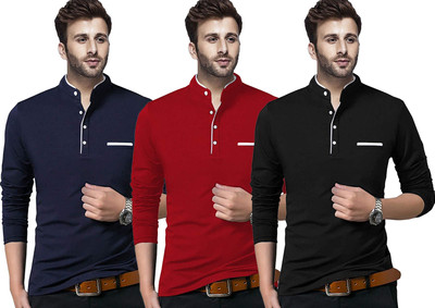 JB Jagoboy Solid Men Mandarin Collar Red, Blue, Black T-Shirt