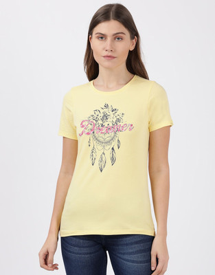 JOCKEY Printed Women Round Neck Yellow T-Shirt