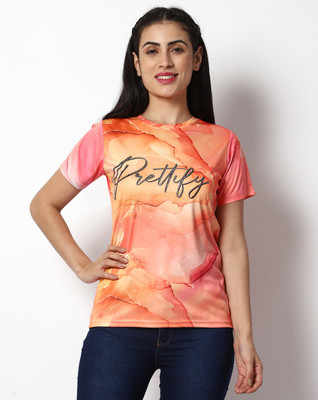 Prettify Printed Women Round Neck Orange T-Shirt
