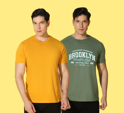 WOOSTRO Solid, Typography Men Round Neck Yellow, Green T-Shirt
