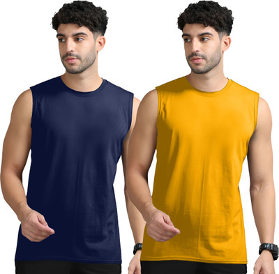 Adorbs Solid Men Round Neck Dark Blue, Yellow T-Shirt