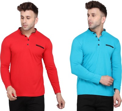 GEUM Solid Men Mandarin Collar Light Blue, Red T-Shirt