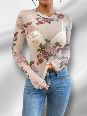 THECOZYNESTT Casual Floral Print Women Beige Top