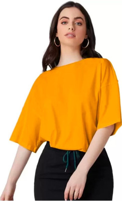 etsun Solid Women Round Neck Yellow T-Shirt