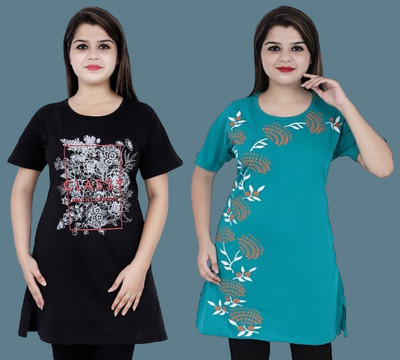 RETAILAYUSH Printed Women Round Neck Multicolor T-Shirt