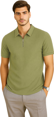 R ROCKIN TEES Self Design Men Zip Neck Green T-Shirt