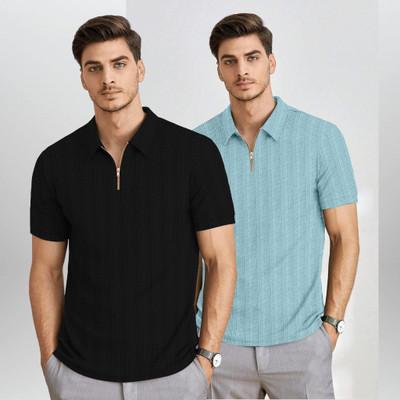 BROWEARS Self Design Men Zip Neck Black, Light Blue T-Shirt
