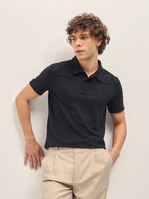 THE BEAR HOUSE Self Design Men Polo Neck Black T-Shirt