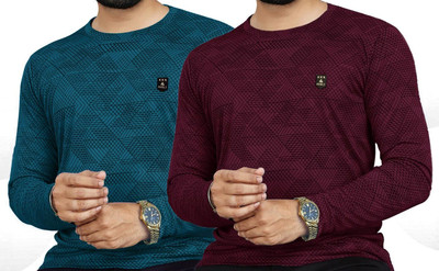 AVOLT Self Design Men Round Neck Dark Blue, Maroon T-Shirt