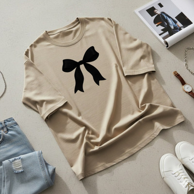 Royal Rajvnshi Printed Women Round Neck Beige T-Shirt
