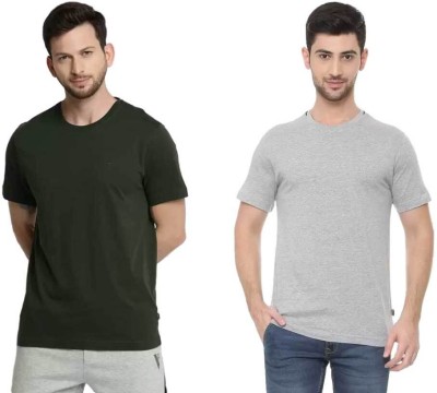 VAN HEUSEN Solid Men Round Neck Dark Green, Grey T-Shirt