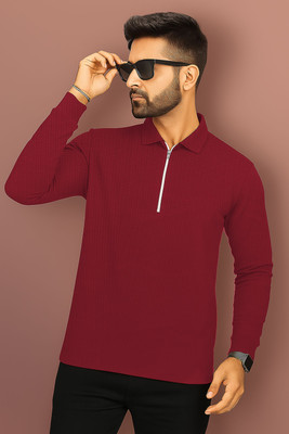 Adiba Fashion Factory Striped Men Polo Neck Maroon T-Shirt