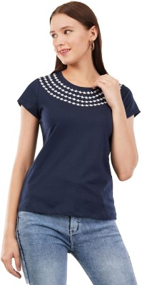 MedleyHues Embroidered Women Round Neck Navy Blue T-Shirt