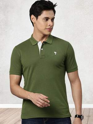 JOVEN Solid Men Polo Neck Green T-Shirt