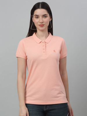 CANTABIL Solid Women Polo Neck Pink T-Shirt