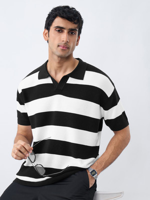 The Souled Store Striped Men Polo Neck Black T-Shirt