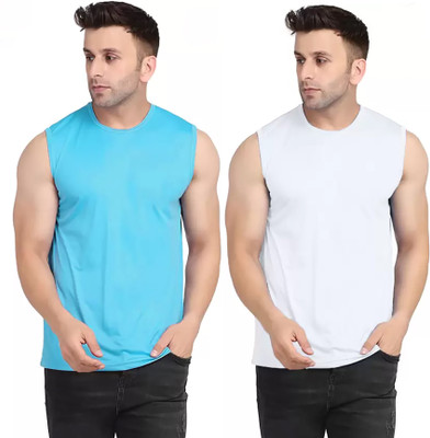 MR THINK Solid Men Round Neck Light Blue, White T-Shirt