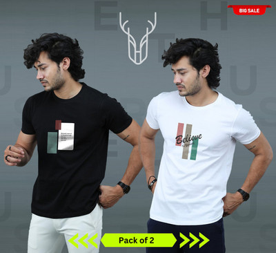 t-hustler Printed Men Round Neck White, Black T-Shirt