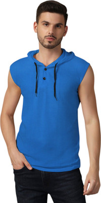 GEUM Solid Men Hooded Neck Blue T-Shirt