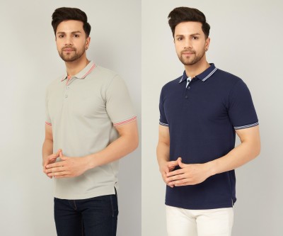 We Perfect Solid Men Polo Neck Grey, Blue T-Shirt