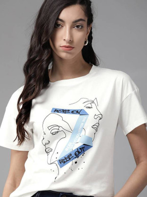 Patche Printed Women Round Neck White T-Shirt
