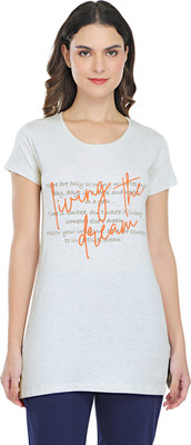 BODYACTIVE Printed Women Round Neck Grey T-Shirt