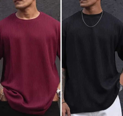 BOOM BAAM Self Design Men Round Neck Maroon, Black T-Shirt