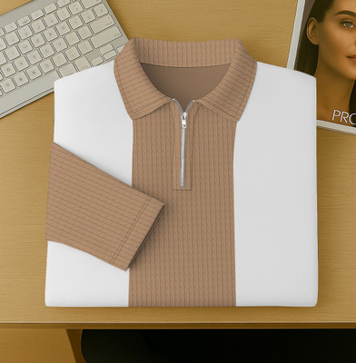 KAJARU Colorblock Men Zip Neck Brown T-Shirt