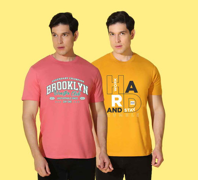WOOSTRO Typography Men Round Neck Pink, Yellow T-Shirt