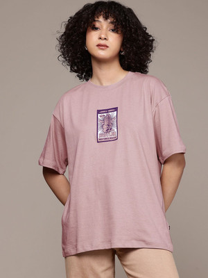 Roadster Printed Women Round Neck Pink T-Shirt
